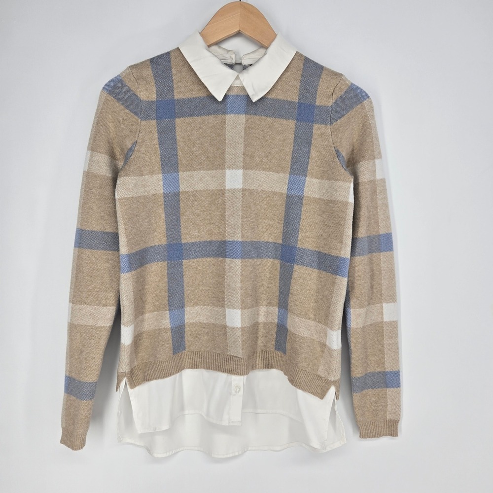 Tahari Sweater Top Women XS Tan Blue Plaid Faux Layered Shirt Collar Preppy Work